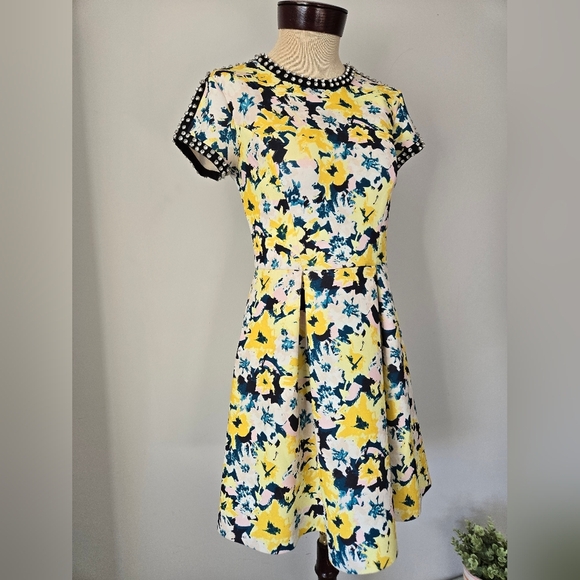 JUICY COUTURE Floral Yellow/ Blue/black Dress with Studded Gem Collar. Size S - Picture 2 of 16